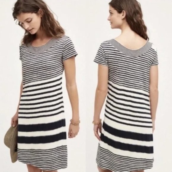ANTHRO I Navy Blue & Ivory Cream Striped Haven Shift Dress by Maeve, S - Picture 3 of 14